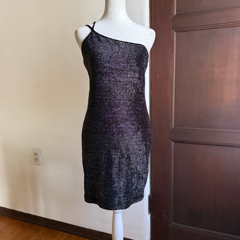 80s Guess by Maurice Marciano One Shoulder Mini Dress  Black Gold Sparkles Small